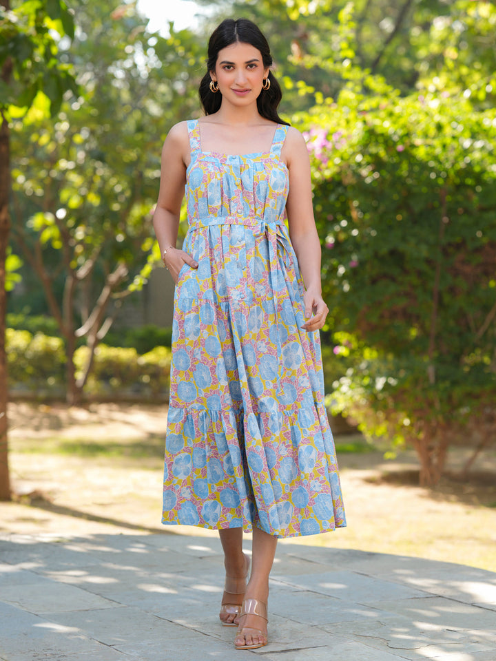 Light Blue Cotton Floral Printed A-Line Dress