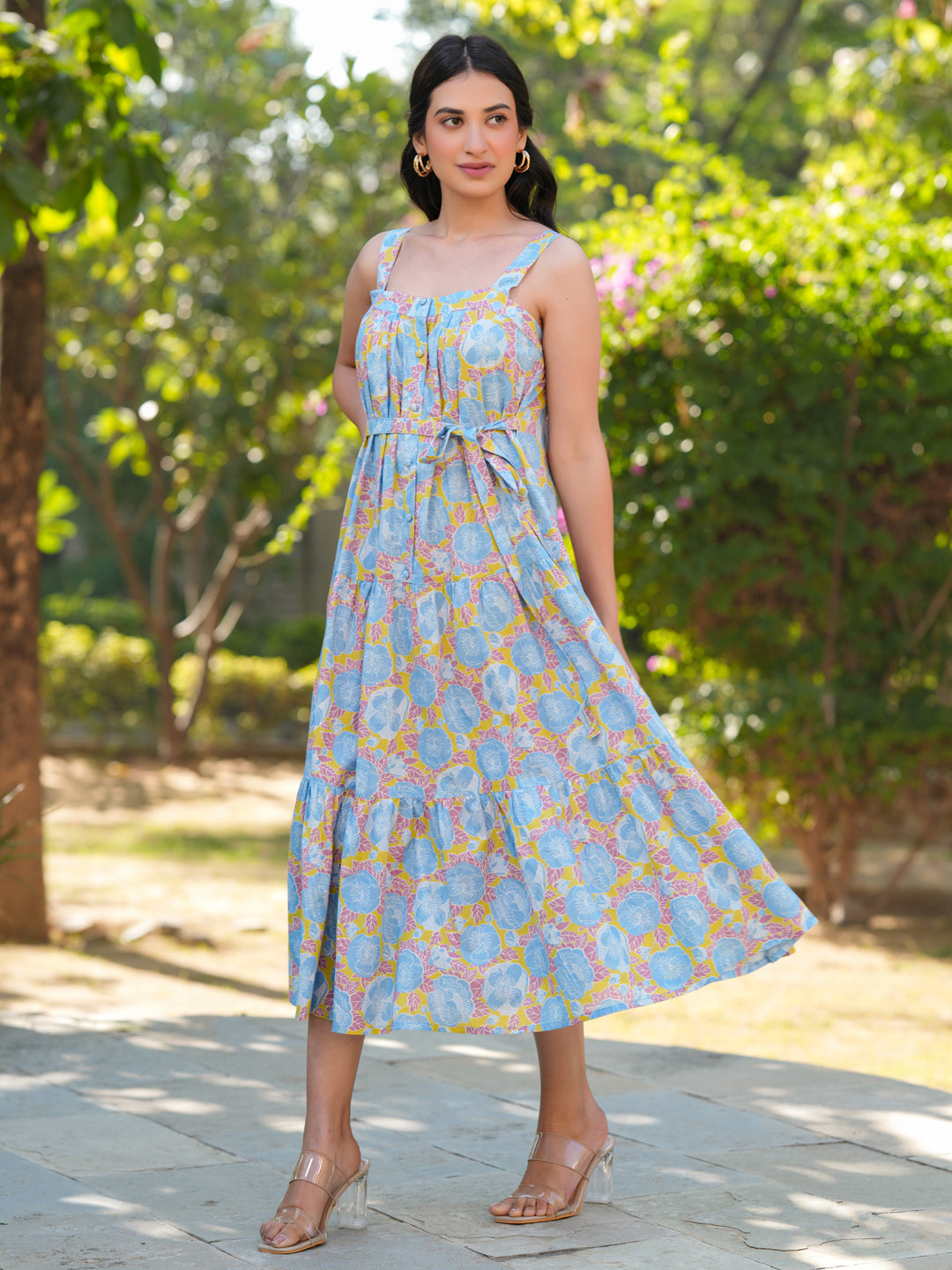 Light Blue Cotton Floral Printed A-Line Dress