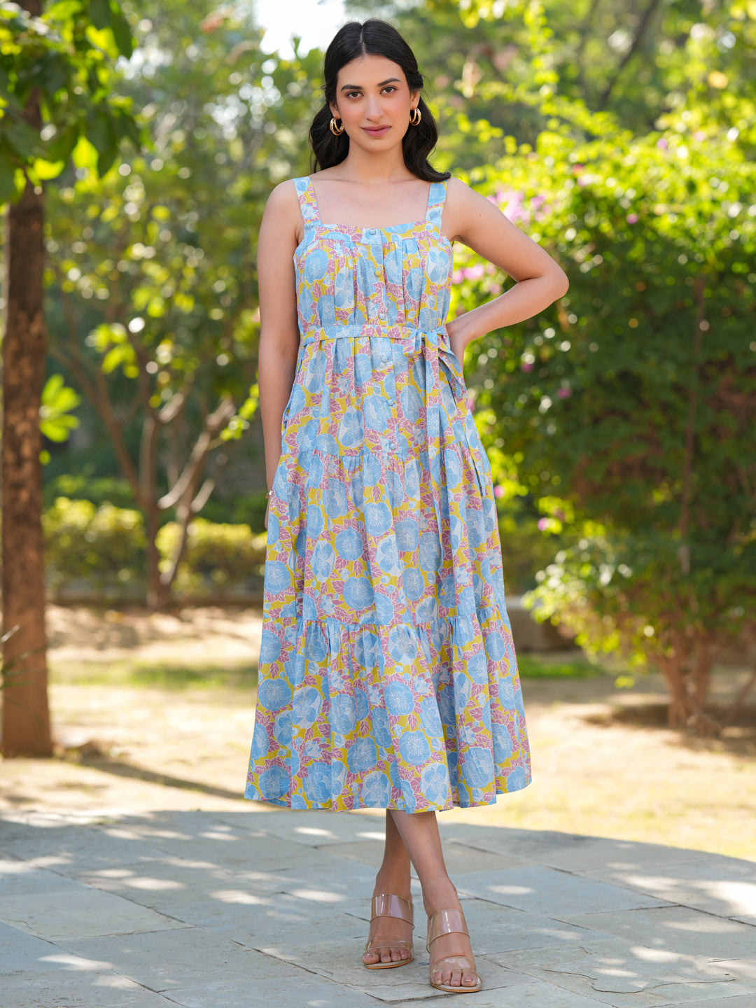 Light Blue Cotton Floral Printed A-Line Dress