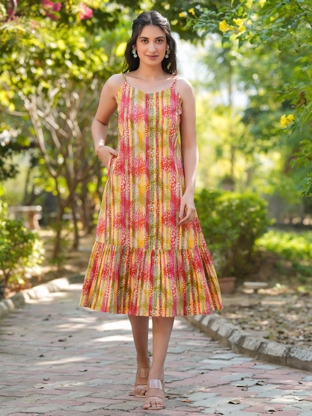 Multicolored Pure Cotton Floral Tiered Dress