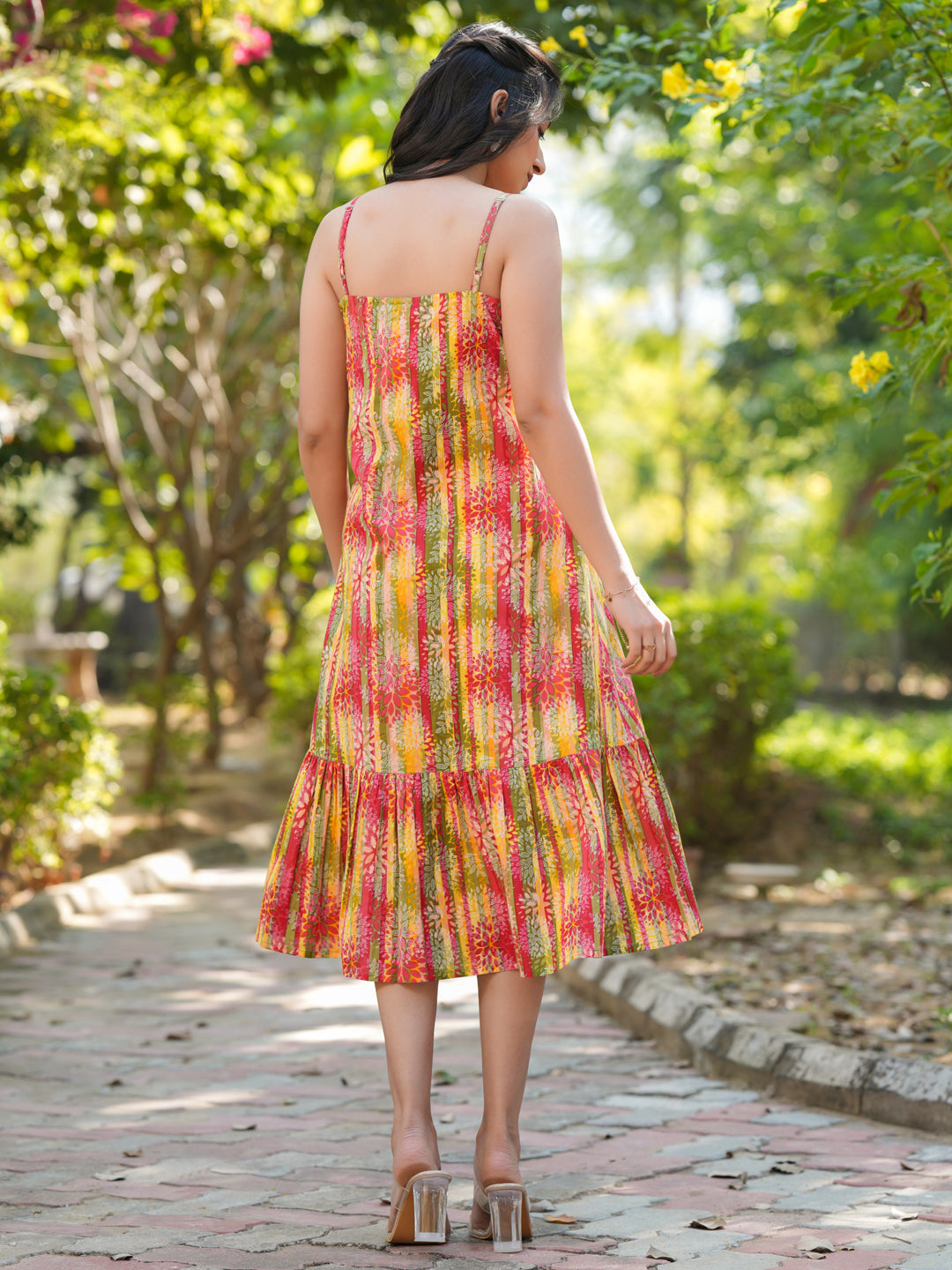 Multicolored Pure Cotton Floral Tiered Dress