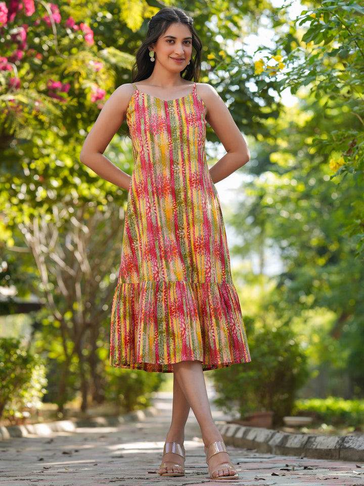 Multicolored Pure Cotton Floral Tiered Dress