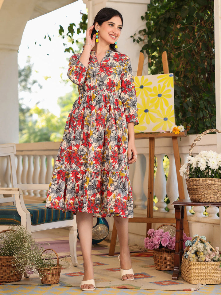 Multicolored Cotton Floral Tiered Dress