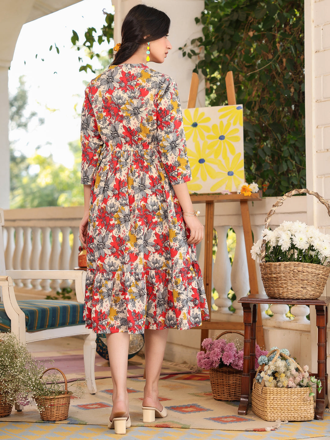 Multicolored Cotton Floral Tiered Dress