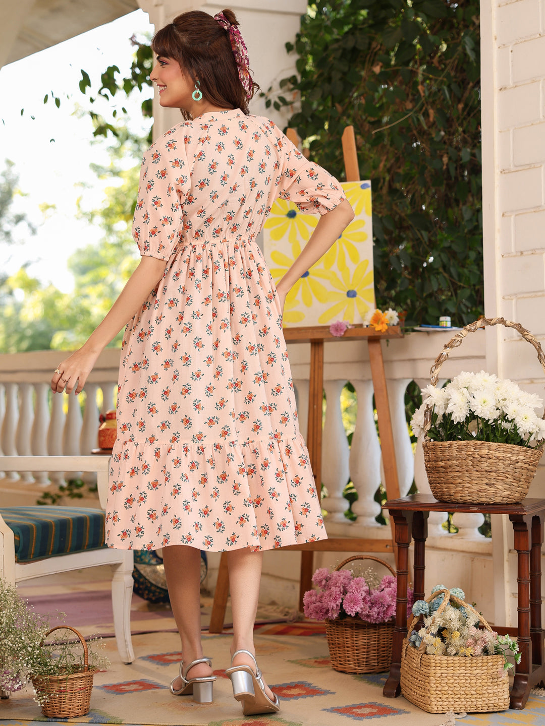 Peach Cotton Floral A-Line Dress