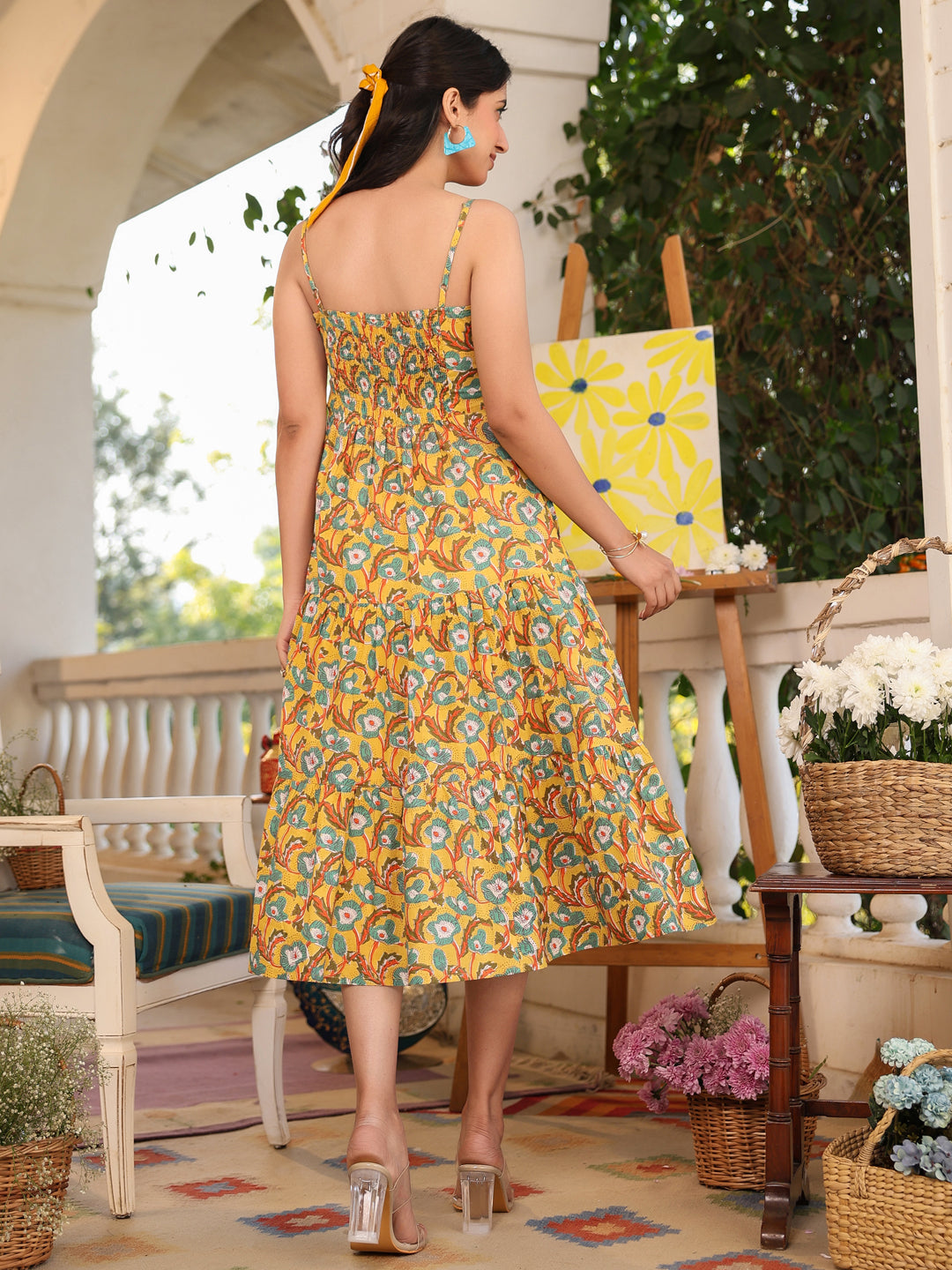 Mustard Cotton Floral Tiered Dress