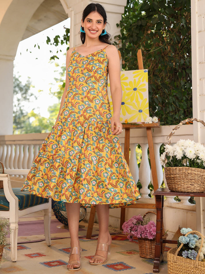 Mustard Cotton Floral Tiered Dress