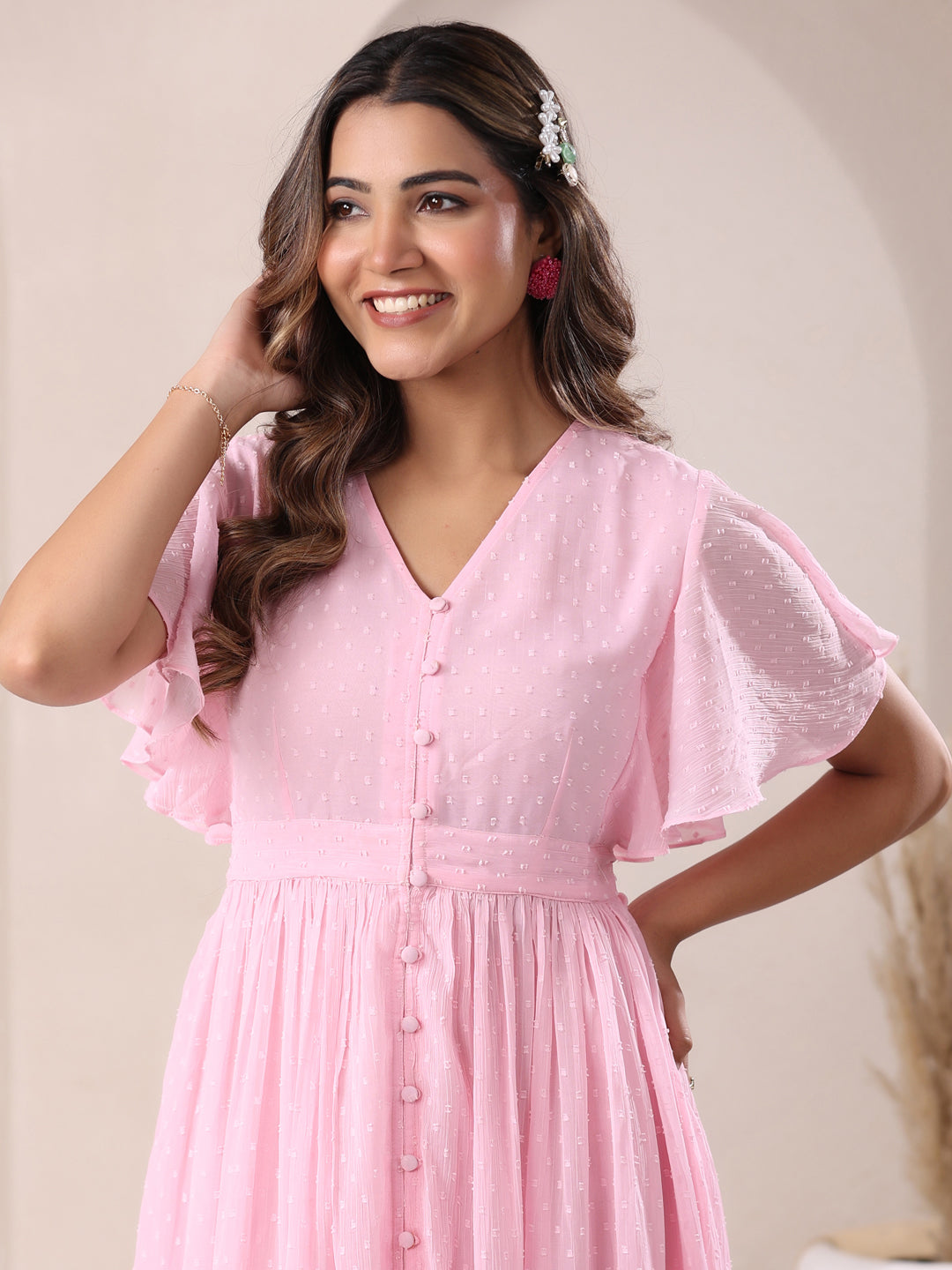 Light Pink Dobby Chiffon A-Line Dress