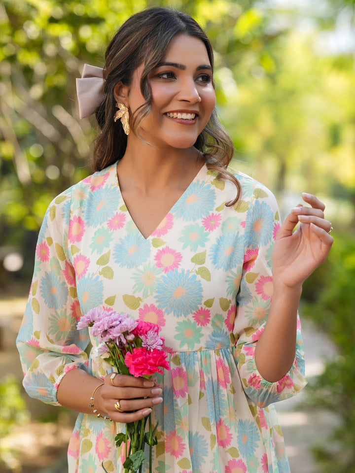 Cream-Georgette-Floral-Tiered-Dress