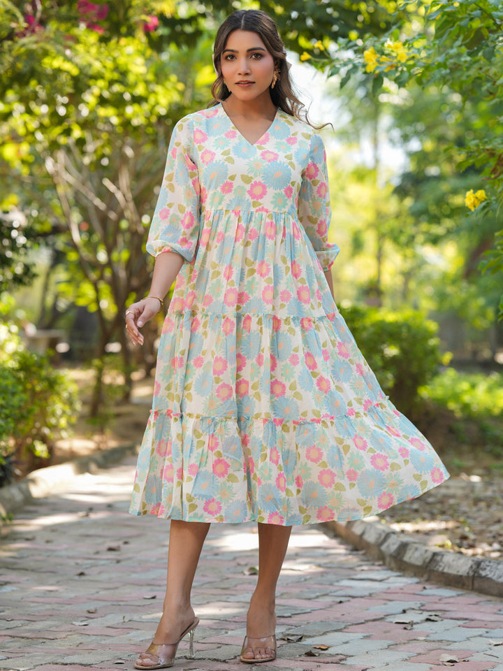 Cream-Georgette-Floral-Tiered-Dress