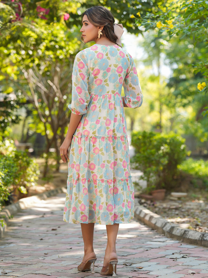 Cream-Georgette-Floral-Tiered-Dress