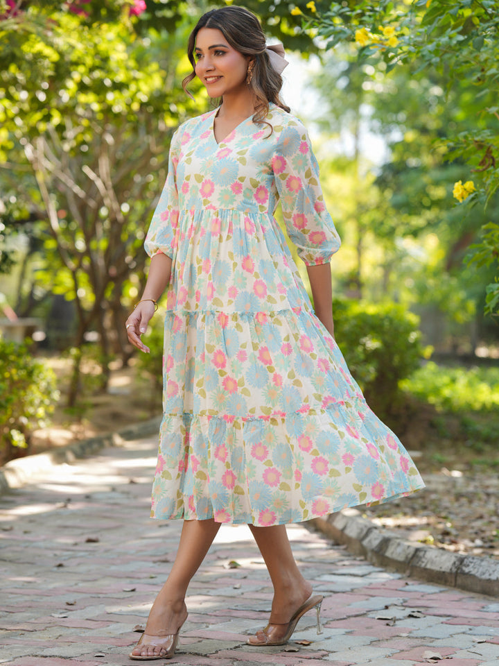 Cream-Georgette-Floral-Tiered-Dress