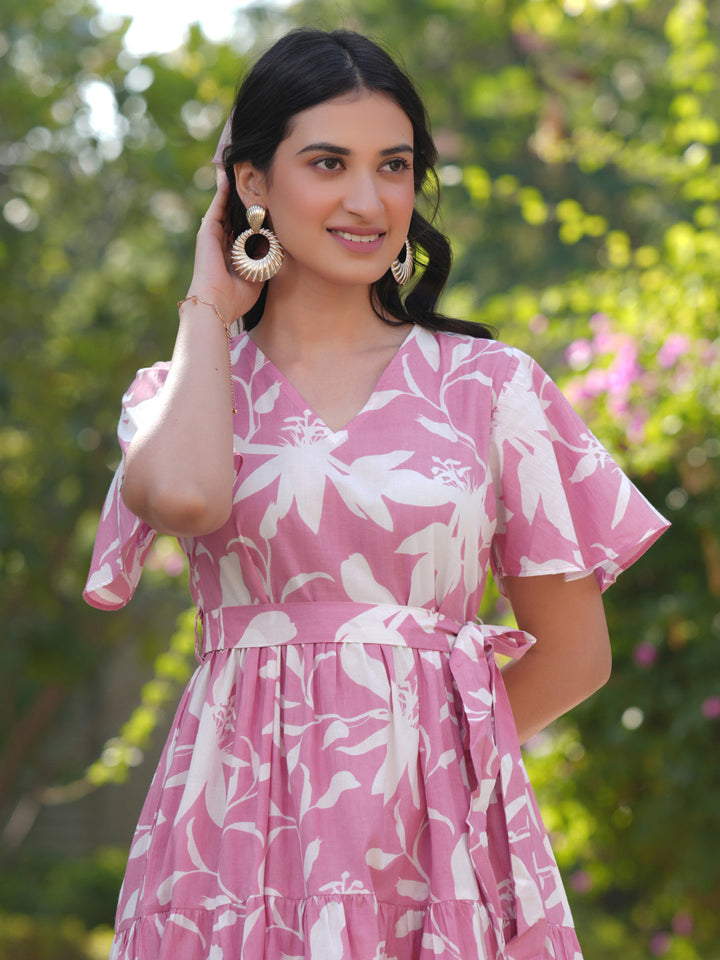 Pink Cotton Floral Tiered Dress