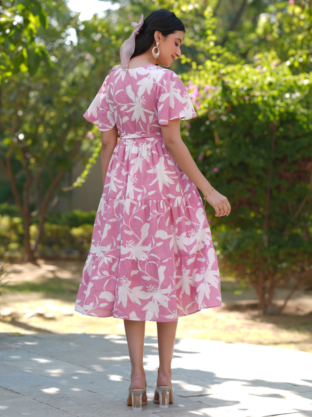 Pink Cotton Floral Tiered Dress