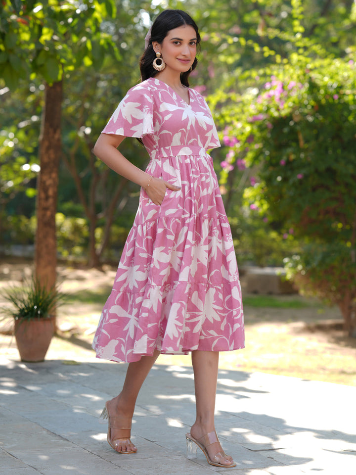 Pink Cotton Floral Tiered Dress