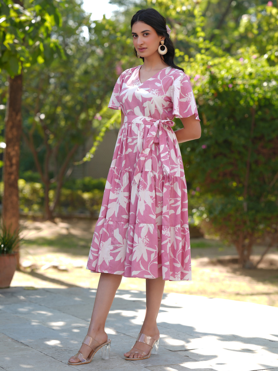 Pink Cotton Floral Tiered Dress