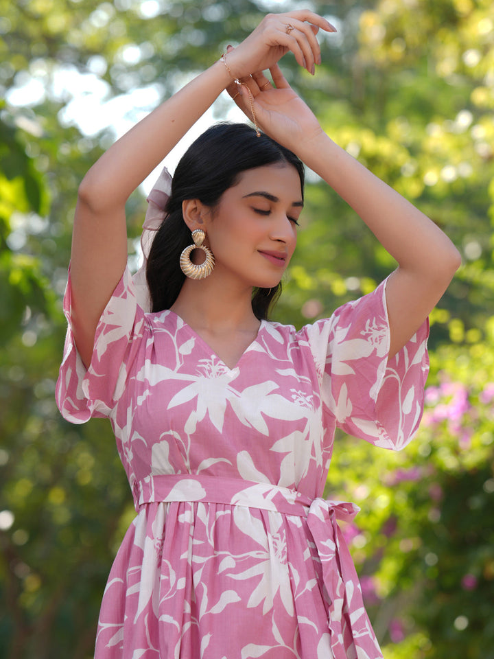 Pink Cotton Floral Tiered Dress