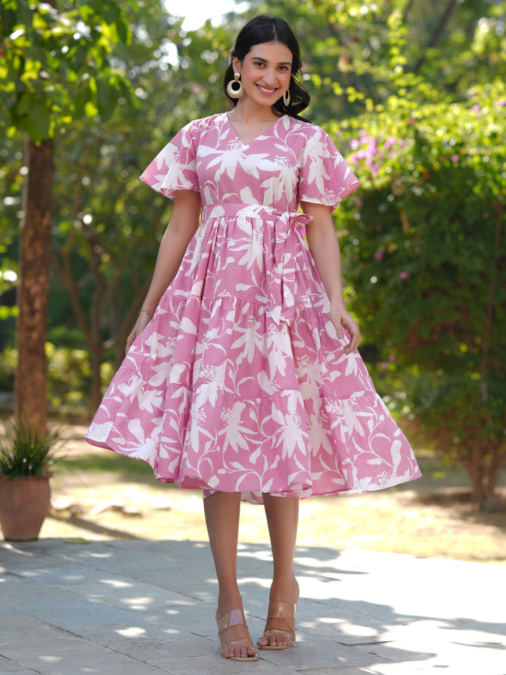 Pink Cotton Floral Tiered Dress