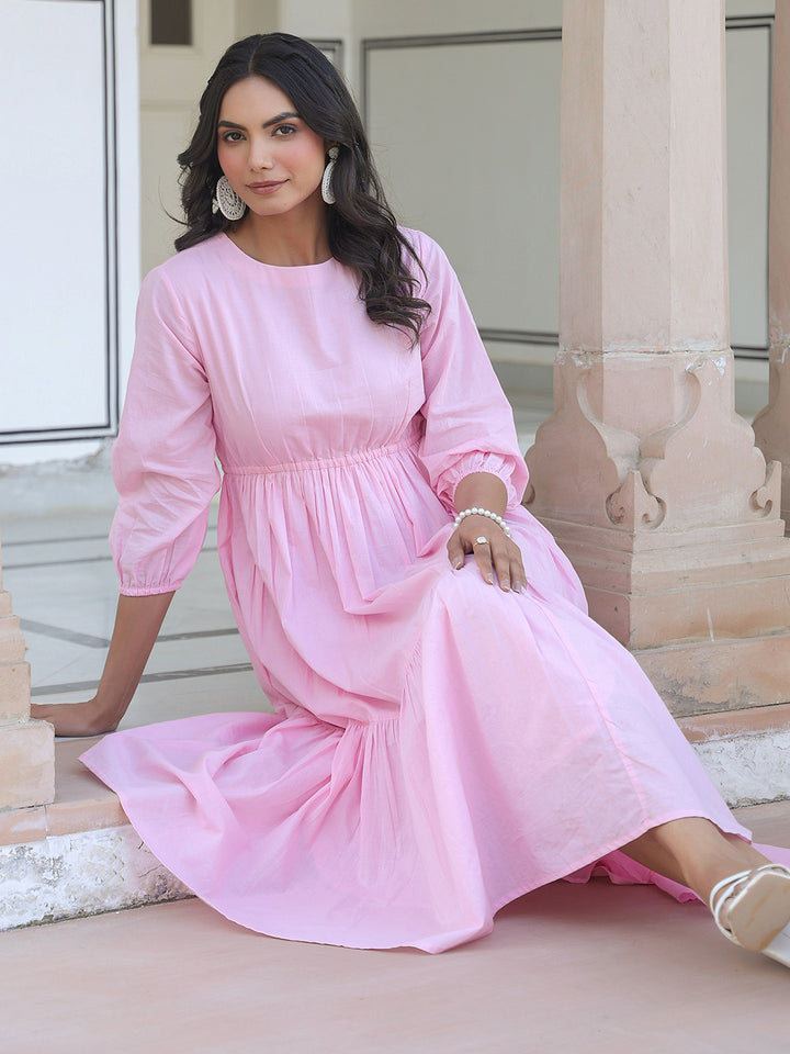 Baby Pink Cotton Solid Midi Dress With Balloon Sleeves