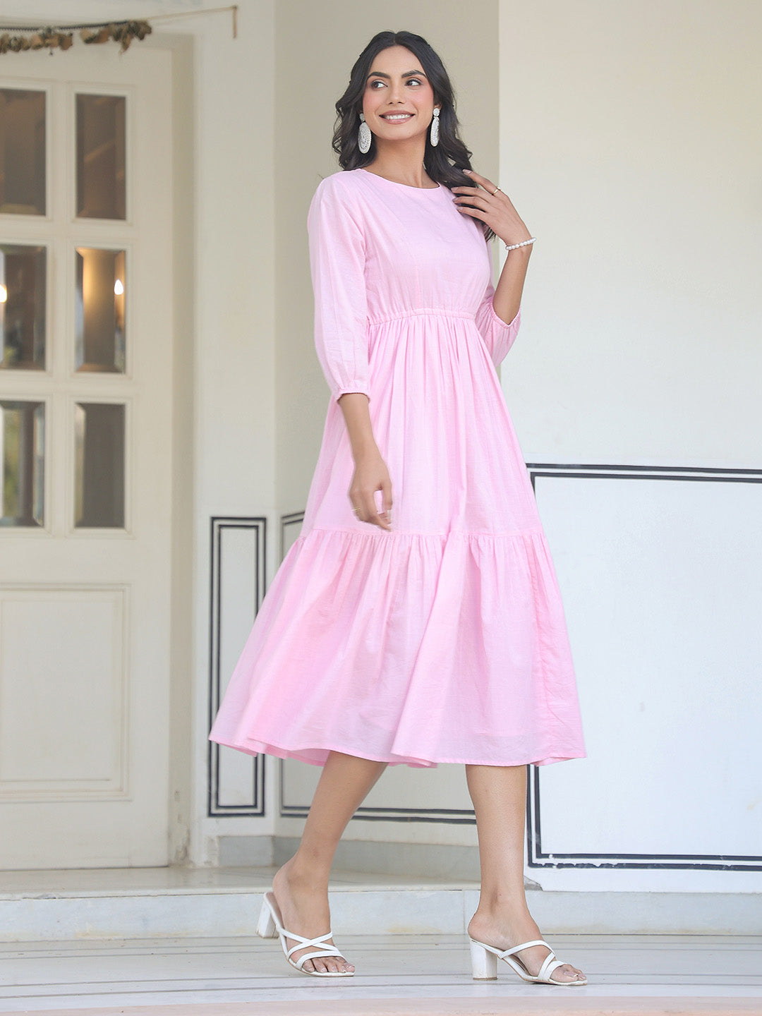 Baby Pink Cotton Solid Midi Dress With Balloon Sleeves