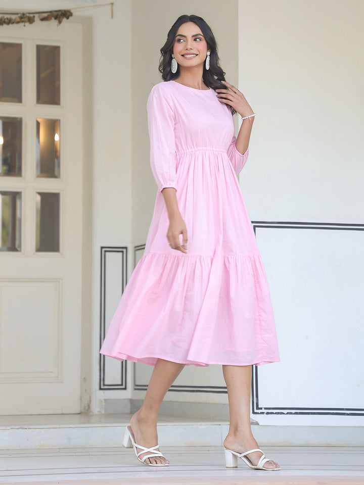 Baby Pink Cotton Solid Midi Dress With Balloon Sleeves