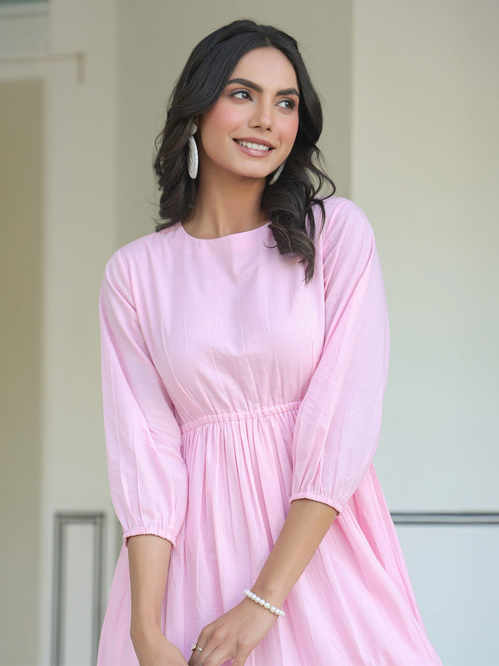 Baby Pink Cotton Solid Midi Dress With Balloon Sleeves