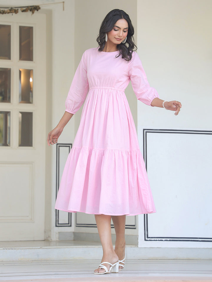 Baby Pink Cotton Solid Midi Dress With Balloon Sleeves