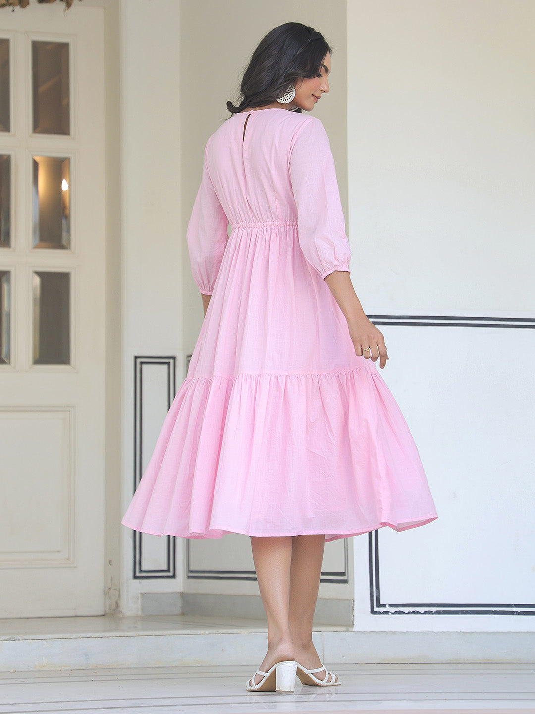 Baby Pink Cotton Solid Midi Dress With Balloon Sleeves