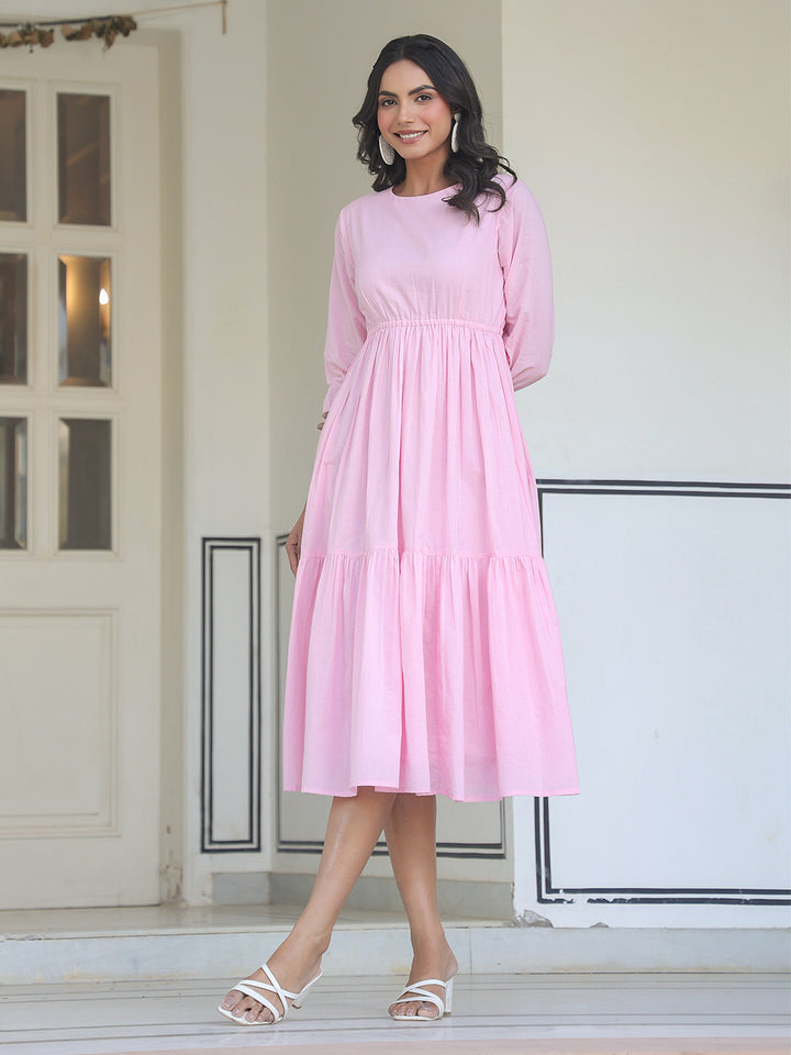 Baby Pink Cotton Solid Midi Dress With Balloon Sleeves