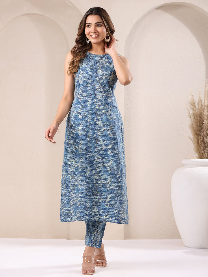 Blue Cotton Chevron 2-Piece Kurta Set