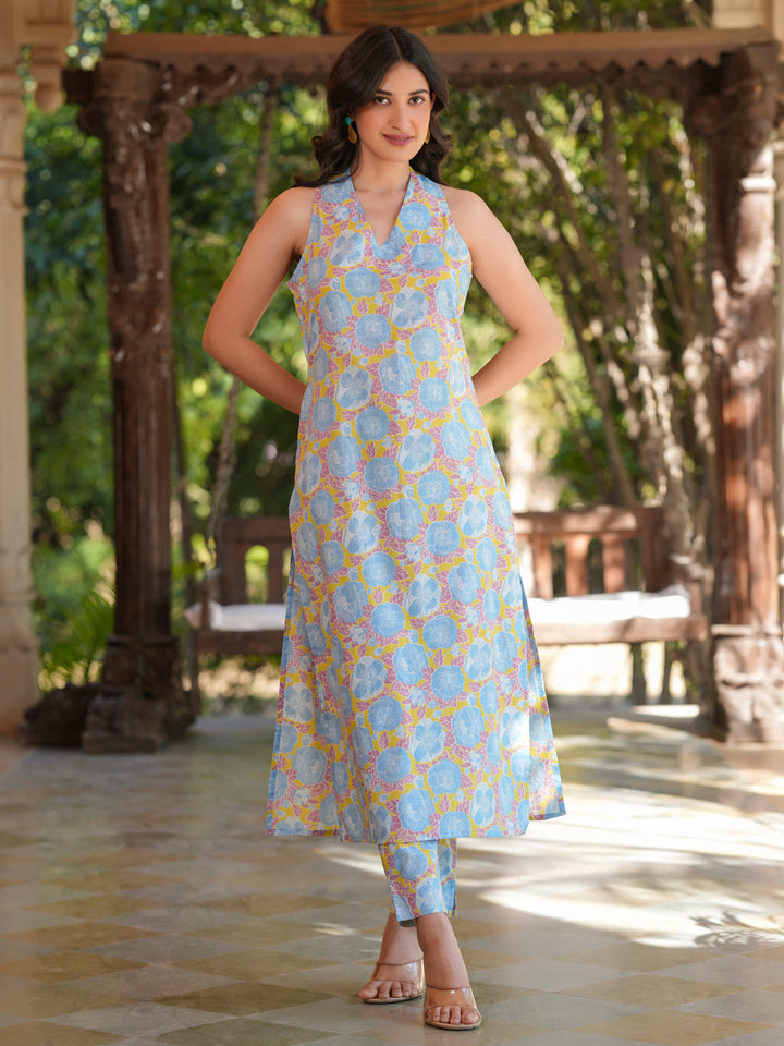 Blue Cotton Floral Sleeveless 2-Piece Kurta Set