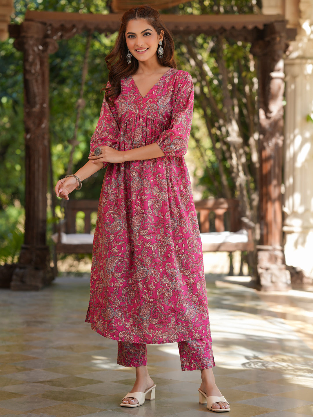Pink-Cotton-Floral-A-Line-Kurta-Bottom-Set