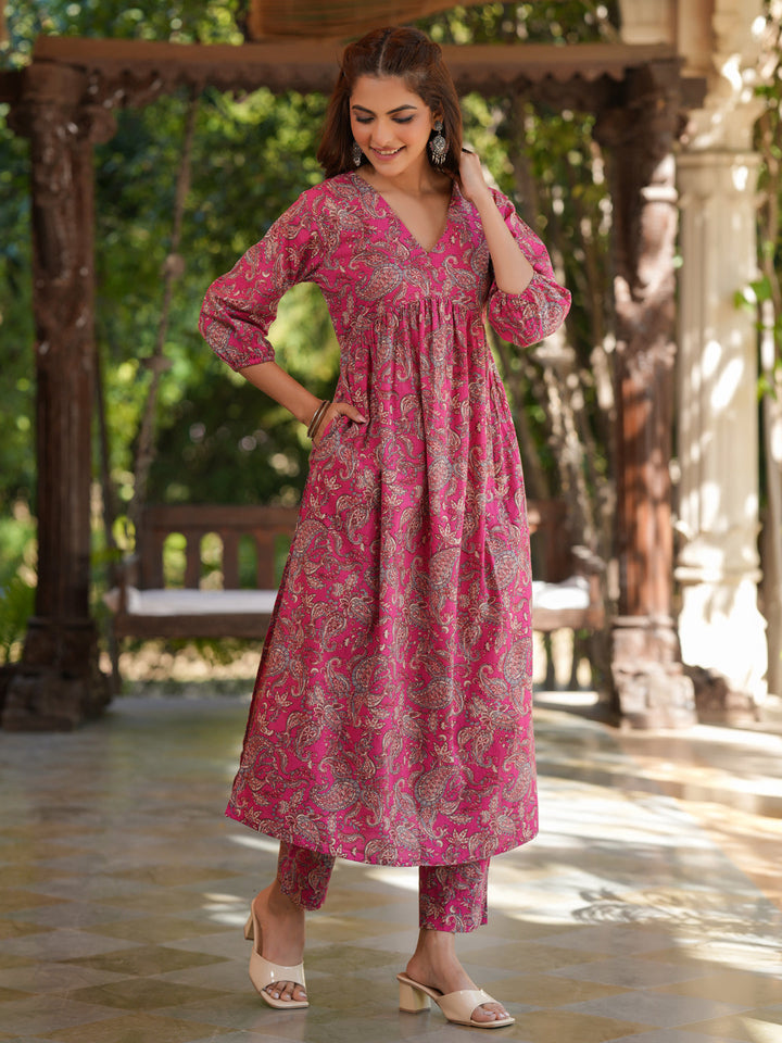 Pink Cotton Floral A-Line Kurta Bottom Set