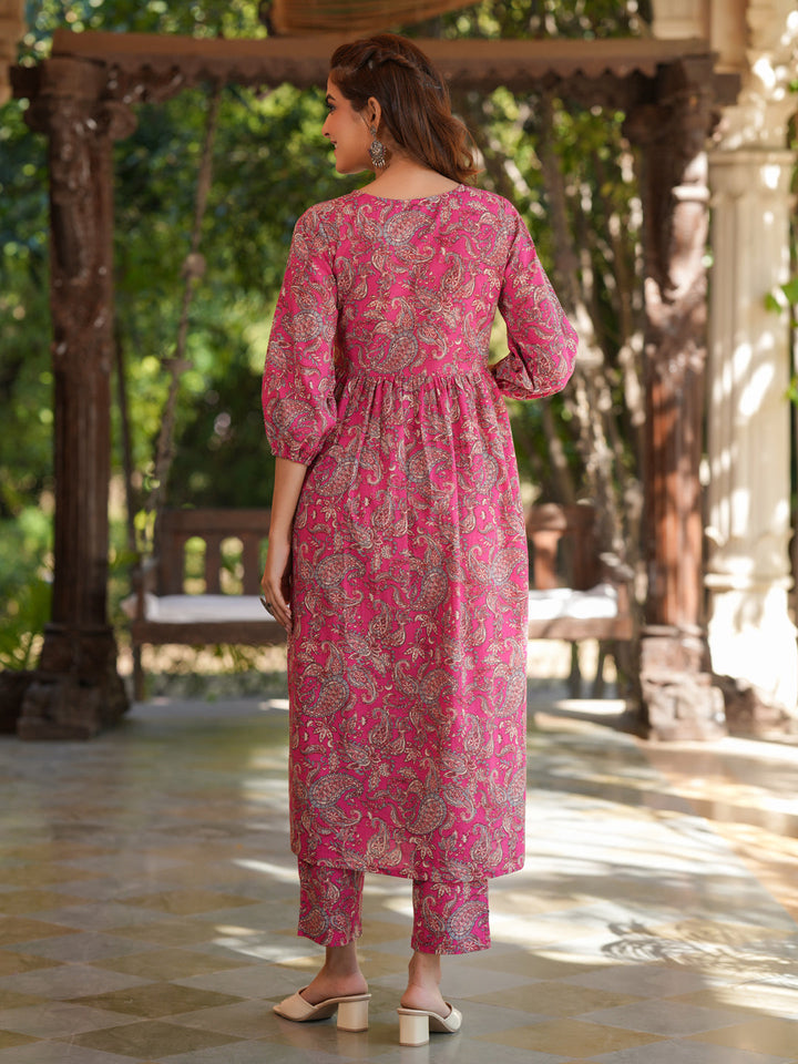 Pink Cotton Floral A-Line Kurta Bottom Set