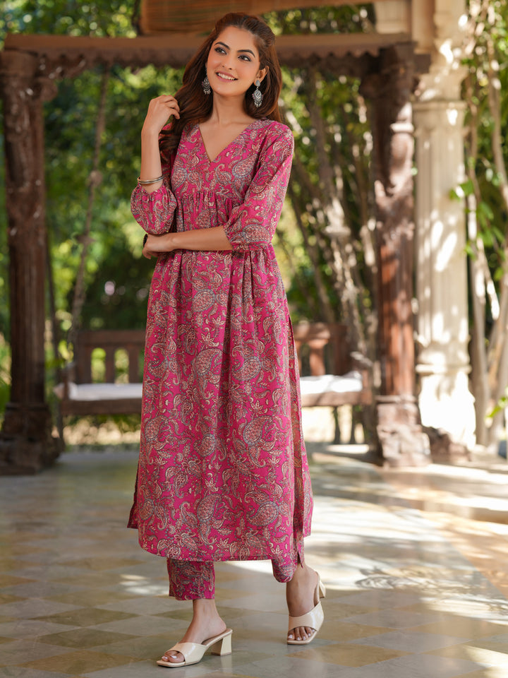 Pink-Cotton-Floral-A-Line-Kurta-Bottom-Set