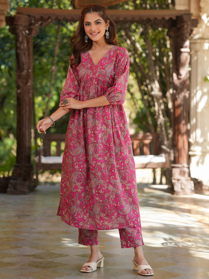 Pink Cotton Floral A-Line Kurta Bottom Set