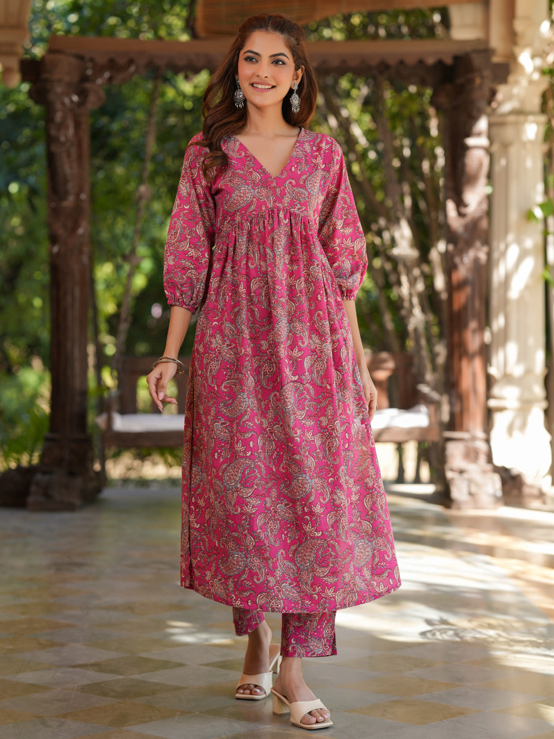 Pink-Cotton-Floral-A-Line-Kurta-Bottom-Set