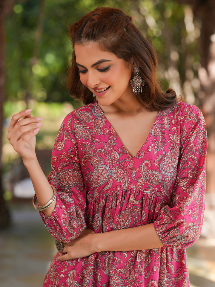 Pink-Cotton-Floral-A-Line-Kurta-Bottom-Set
