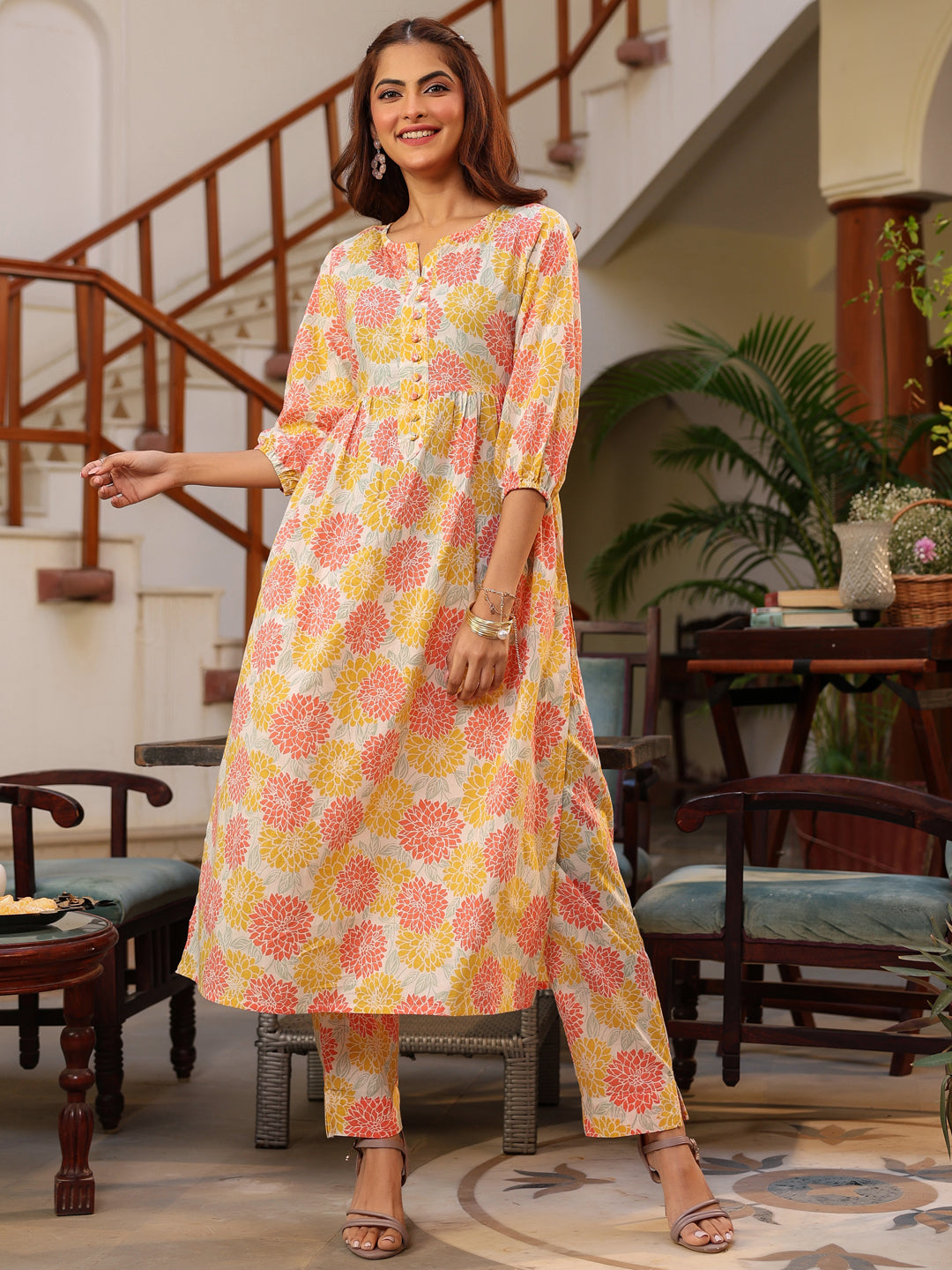 Yellow & Peach Cotton Floral A-Line Kurta Set