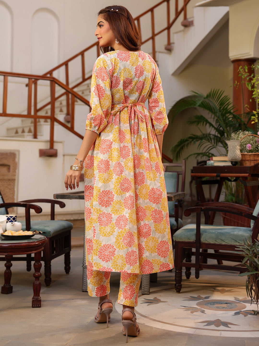 Yellow & Peach Cotton Floral A-Line Kurta Set