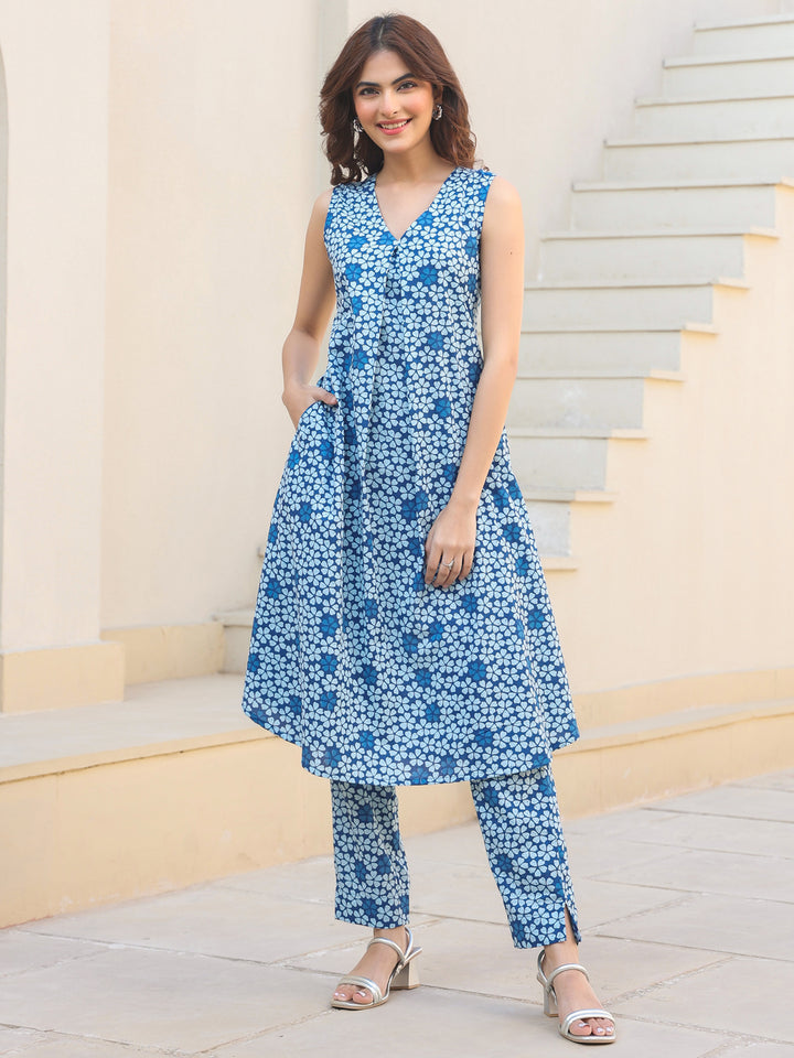 Indigo Blue Cotton Floral Cambric A-Line 2-Piece Kurta Set