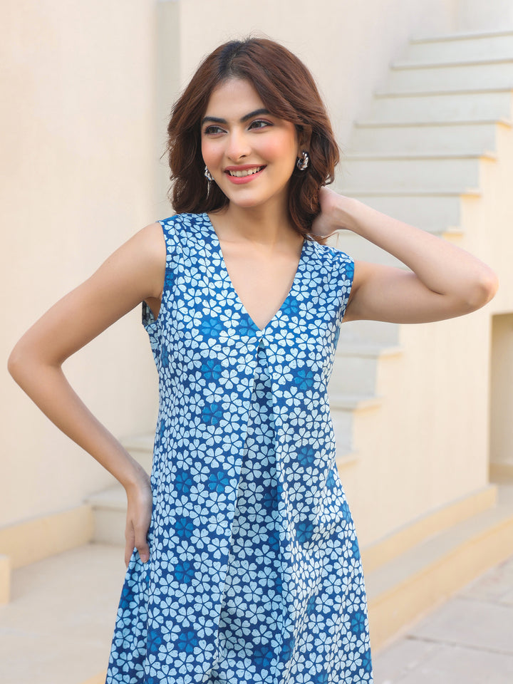 Indigo Blue Cotton Floral Cambric A-Line 2-Piece Kurta Set