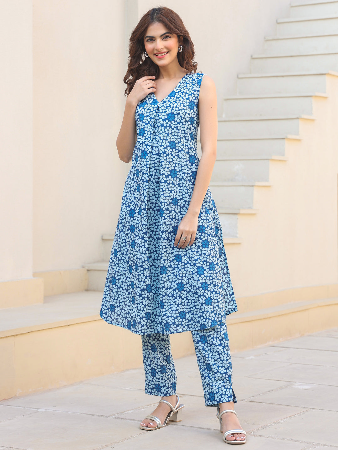 Indigo Blue Cotton Floral Cambric A-Line 2-Piece Kurta Set