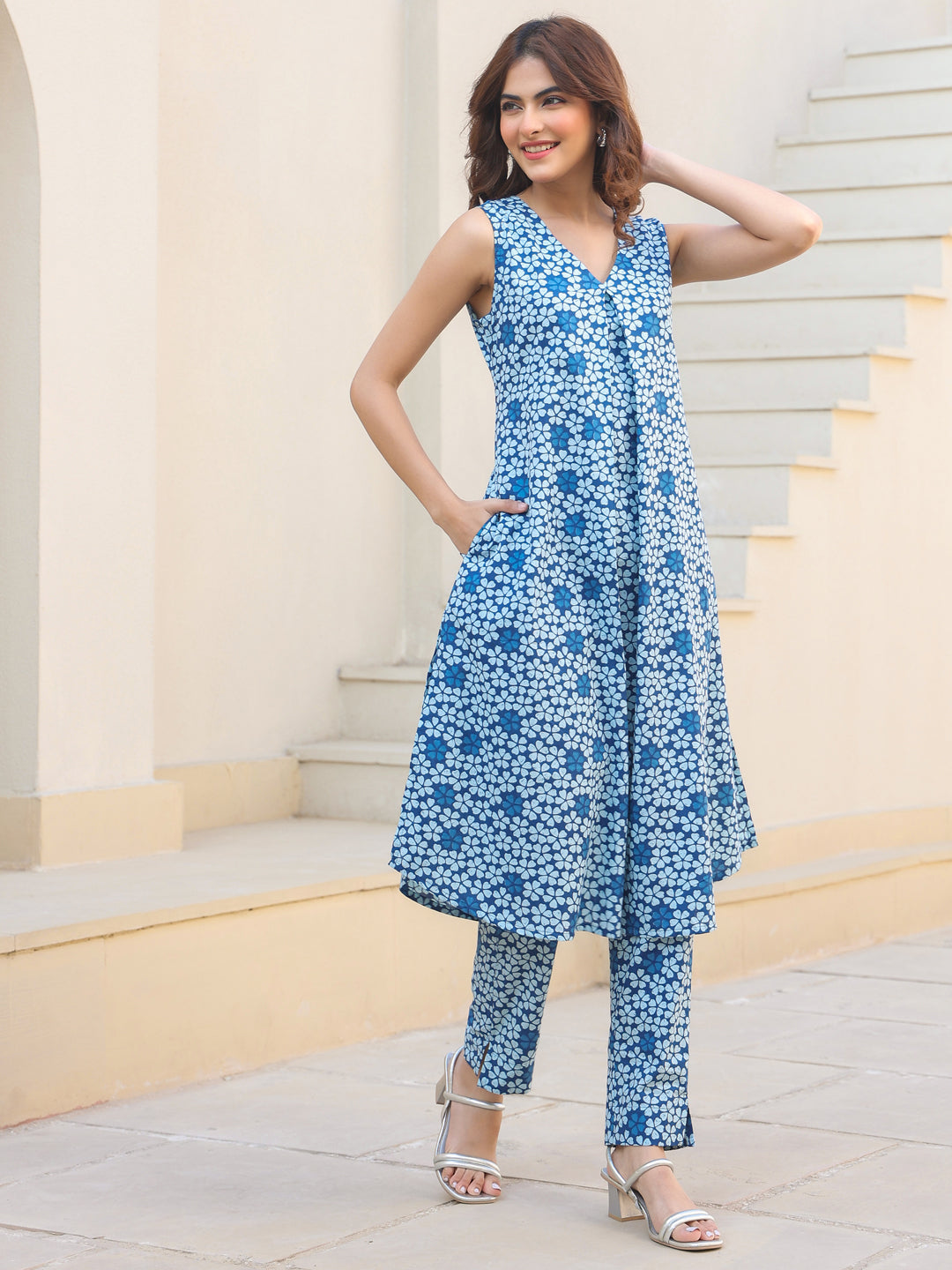 Indigo Blue Cotton Floral Cambric A-Line 2-Piece Kurta Set
