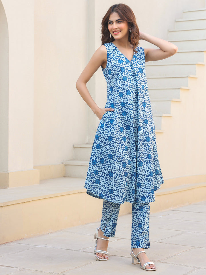 Indigo Blue Cotton Floral Cambric A-Line 2-Piece Kurta Set