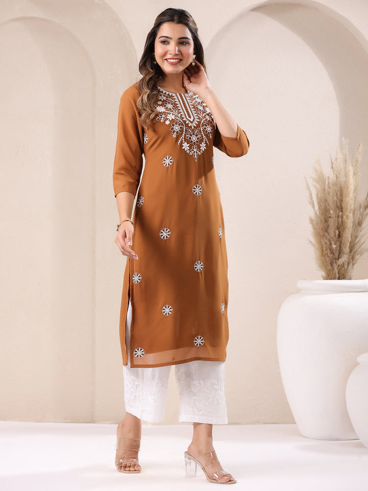 Brown Georgette Embroidered Straight Kurta Only