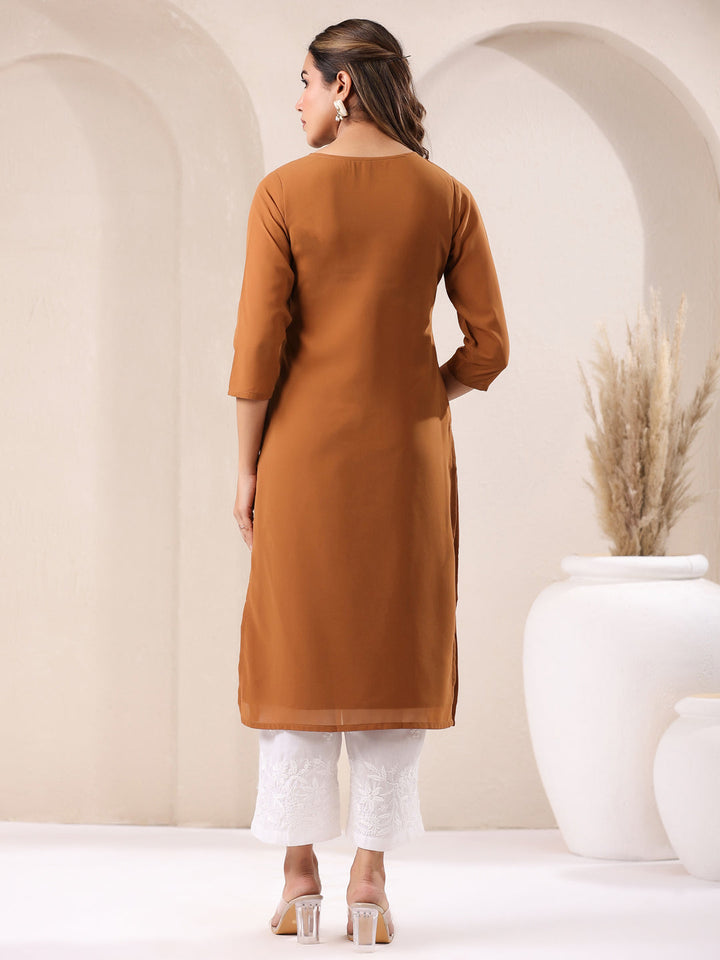 Brown Georgette Embroidered Straight Kurta Only