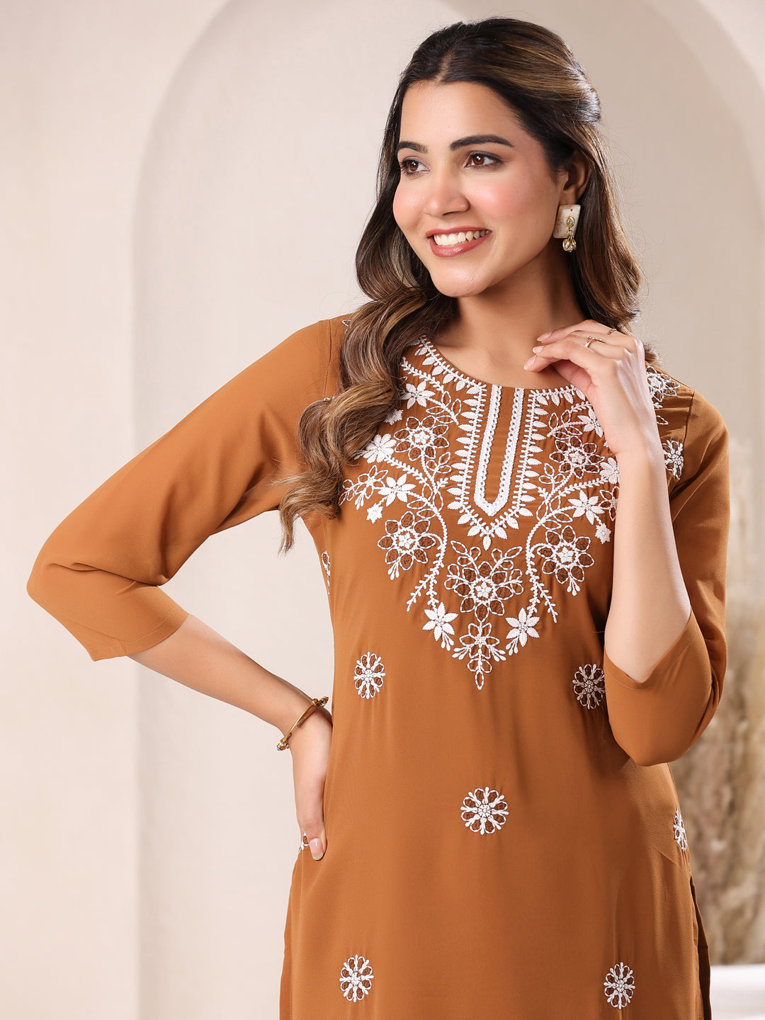 Brown Georgette Embroidered Straight Kurta Only