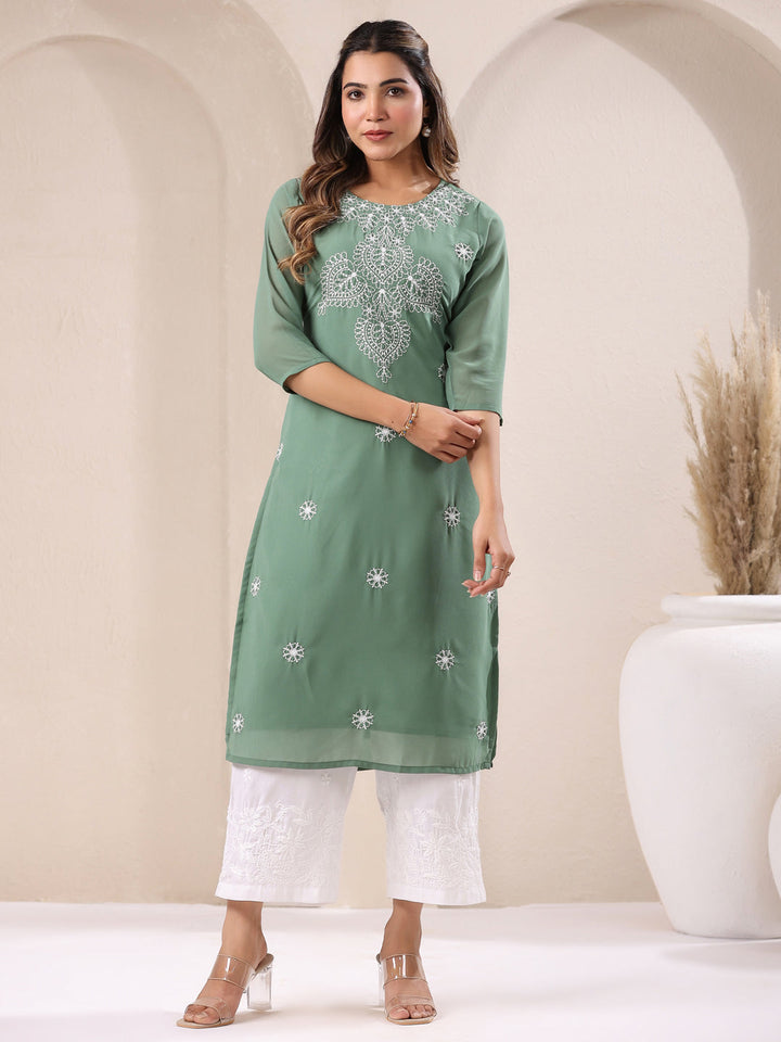 Sage Green Georgette Embroidered Straight Kurta Only