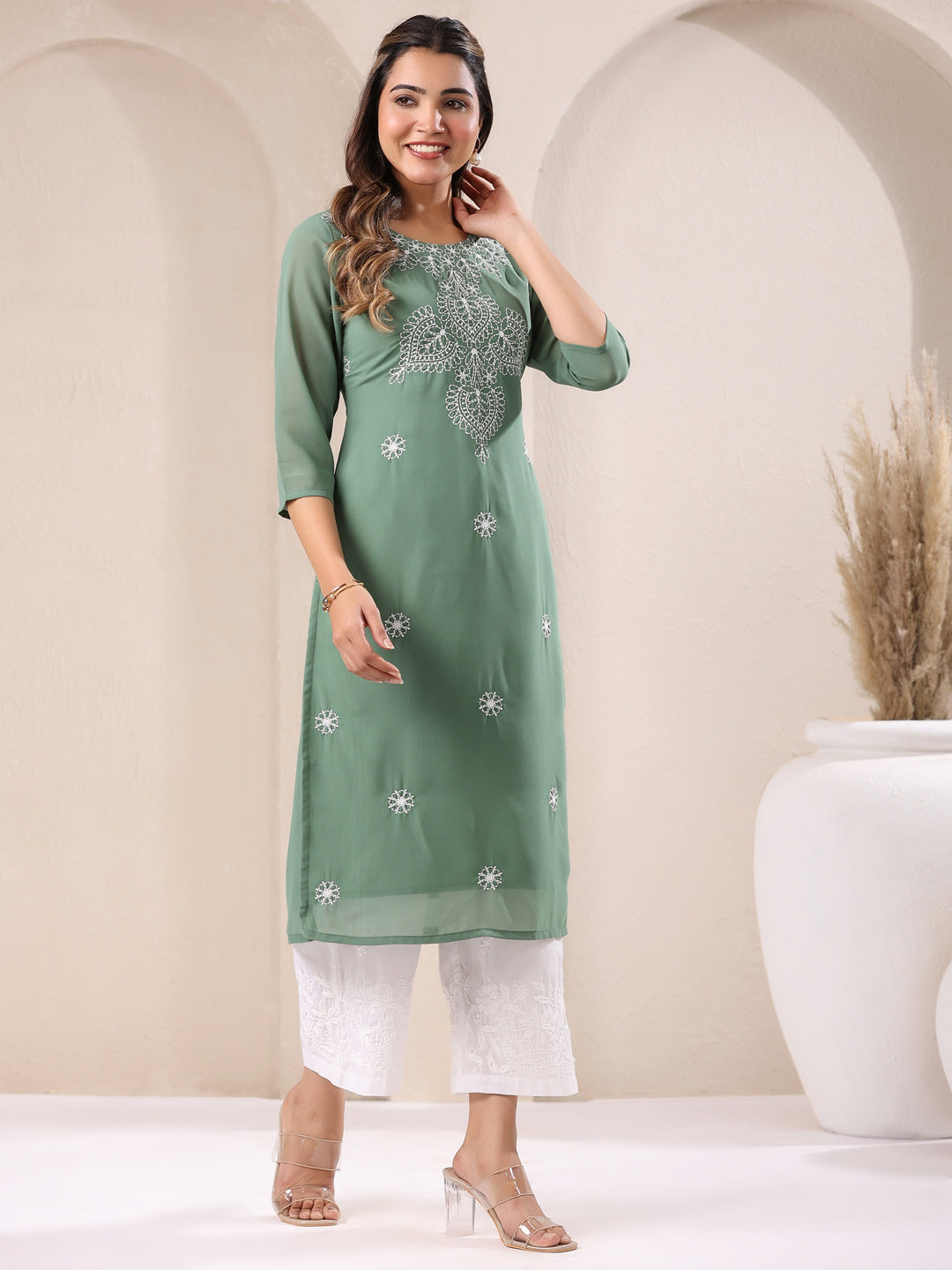 Sage Green Georgette Embroidered Straight Kurta Only